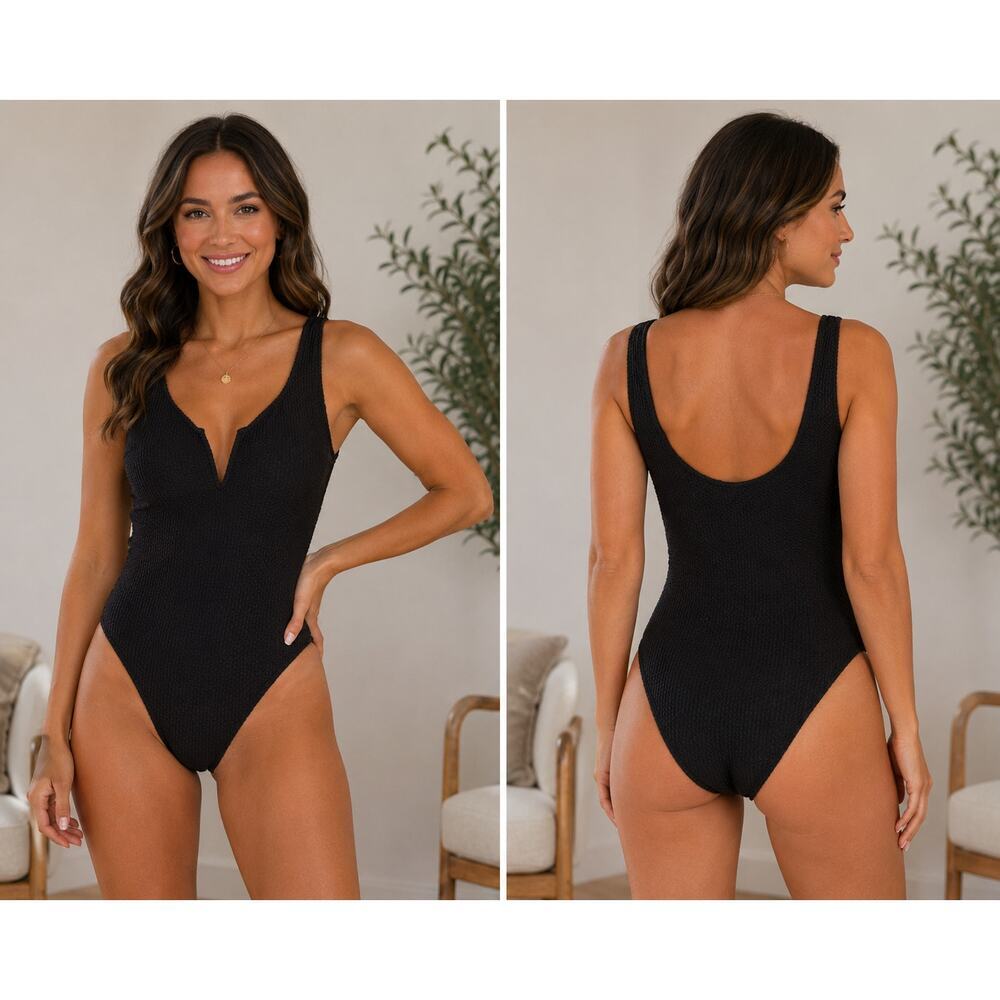 NEW H&M Black Textured One Piece Swimsuit Size 8 Ribbed Deep V Bathing Suit